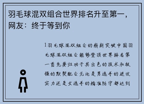 羽毛球混双组合世界排名升至第一，网友：终于等到你