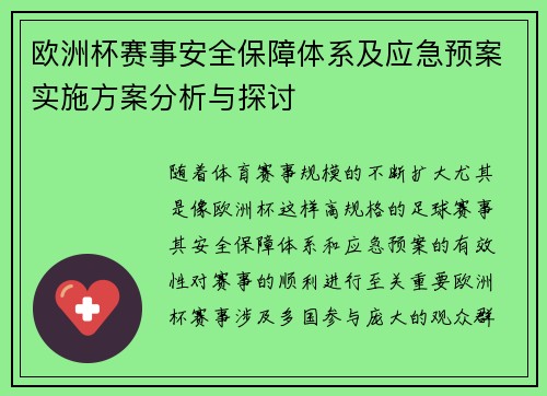欧洲杯赛事安全保障体系及应急预案实施方案分析与探讨